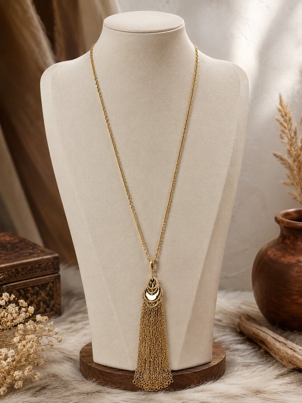 Vintage Gold Layered Crescent Tassel Necklace